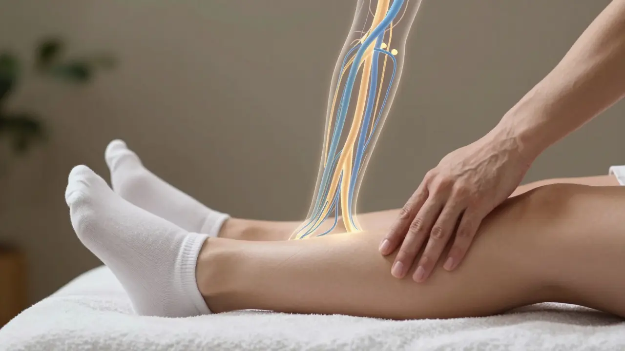 Subtilně zářící lymfatický systém pod kůží s jemným pohybem tekutin a čistými ponožkami.