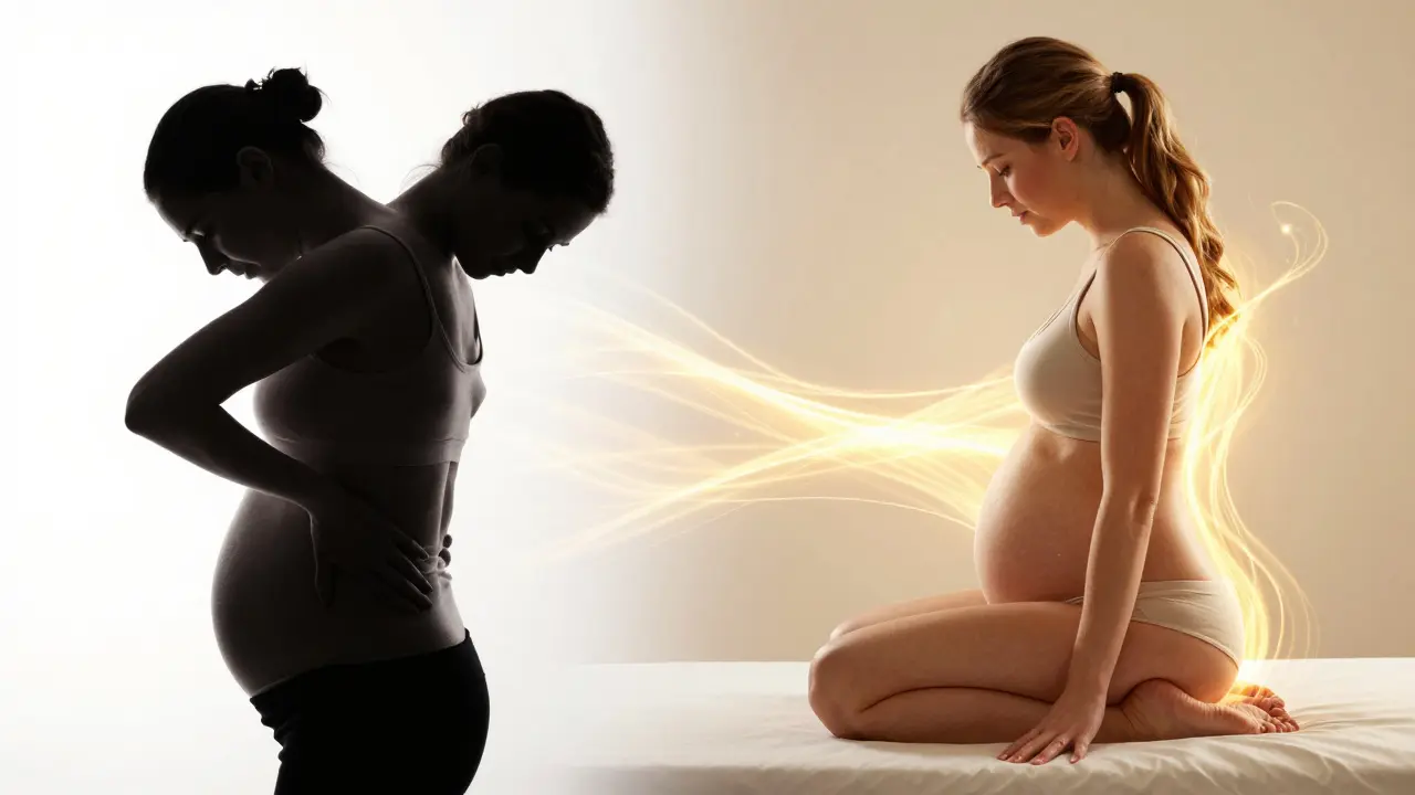 Symbolický obraz těhotné ženy před a po masáži – od napětí k klidu.