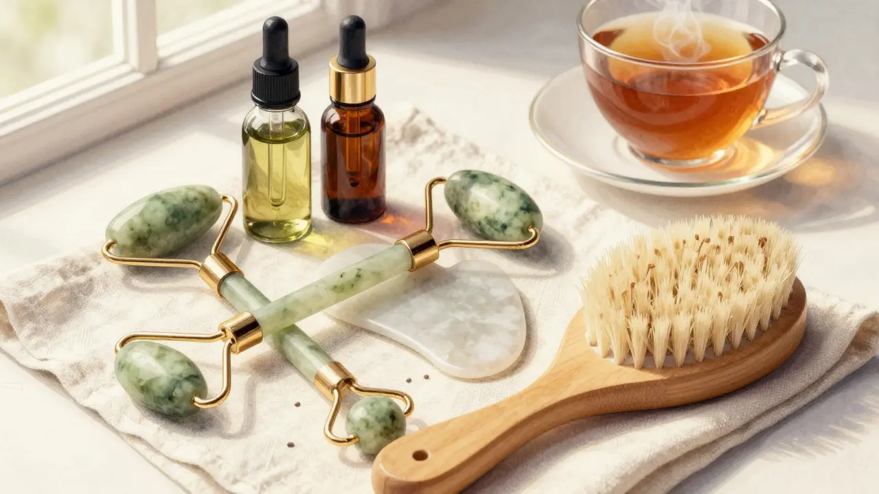Tři přírodní nástroje na masáž obličeje: jade roller, guasha kámen a dřevěný štětec s oleji v lahvičkách.