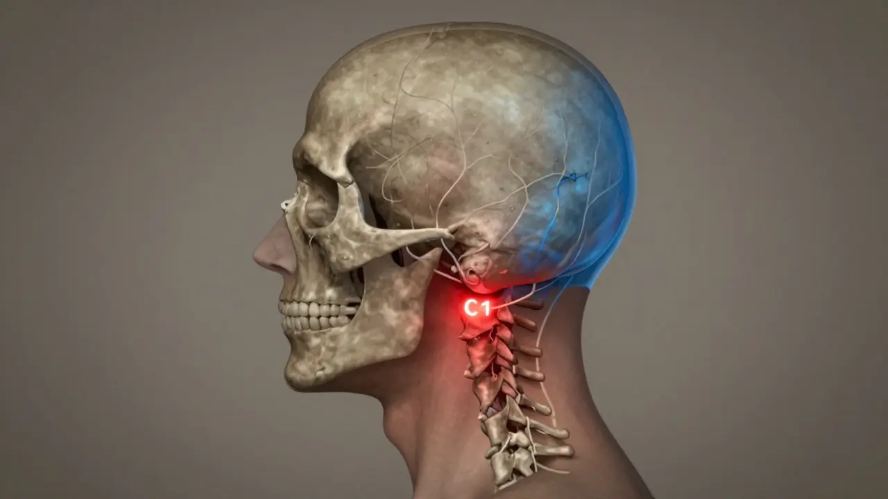 Boční pohled na základ lebky a krk s označenými zónami bolesti: červená u obratle, modrá u dočela.