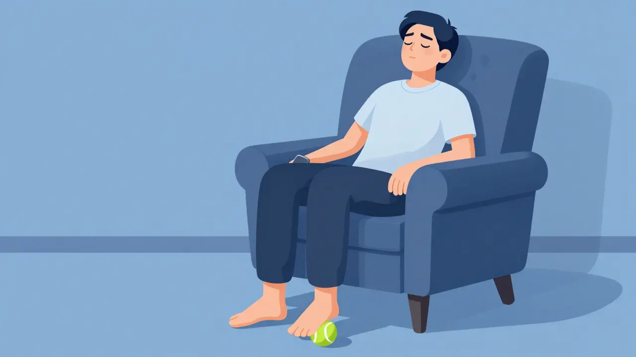 Člověk odpočívá s tenisovým míčkem pod nohou.