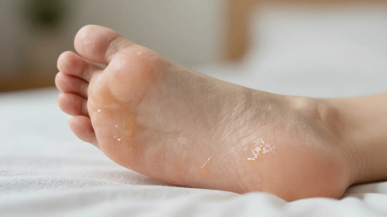 Detail chodidla s masážním olejem.