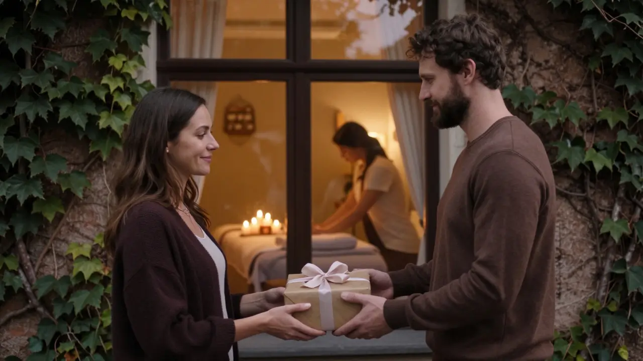 Muž dárkuje ženě balíček čokoládové masáže před wellness centrem ve večerním světle.