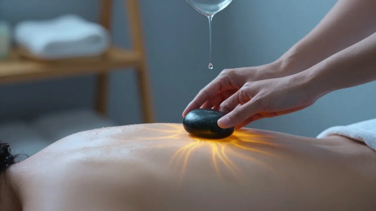 Ruce kladejí ohřátý lávový kámen na záda, s teplotními vlnami a kapek vody ve vzduchu.