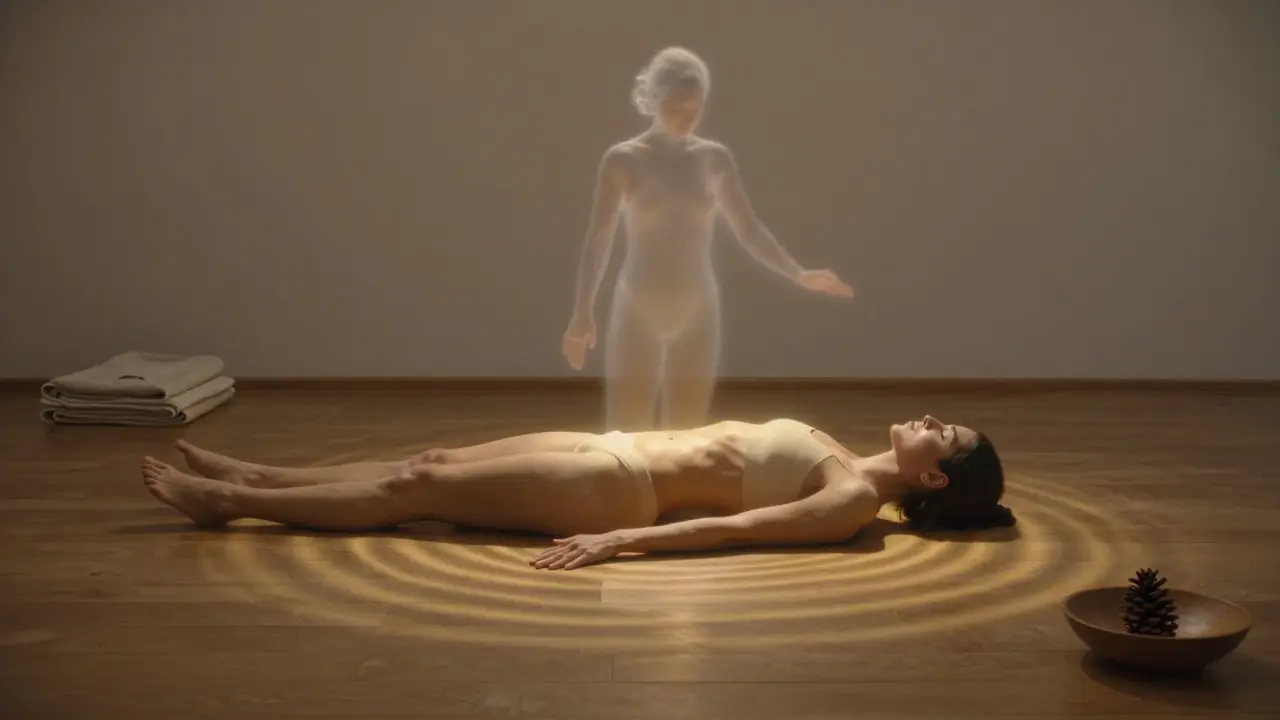 Silhouette on floor with golden ripples of light from spine, symbolizing inner release and presence.
