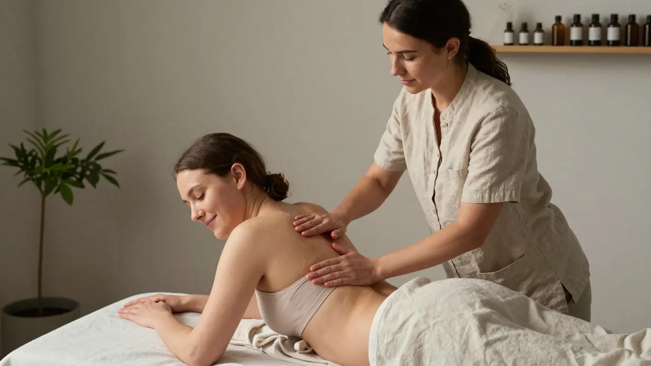 Specialista provádí jemnou masáž po porodu s důrazem na bezpečnost a klid.