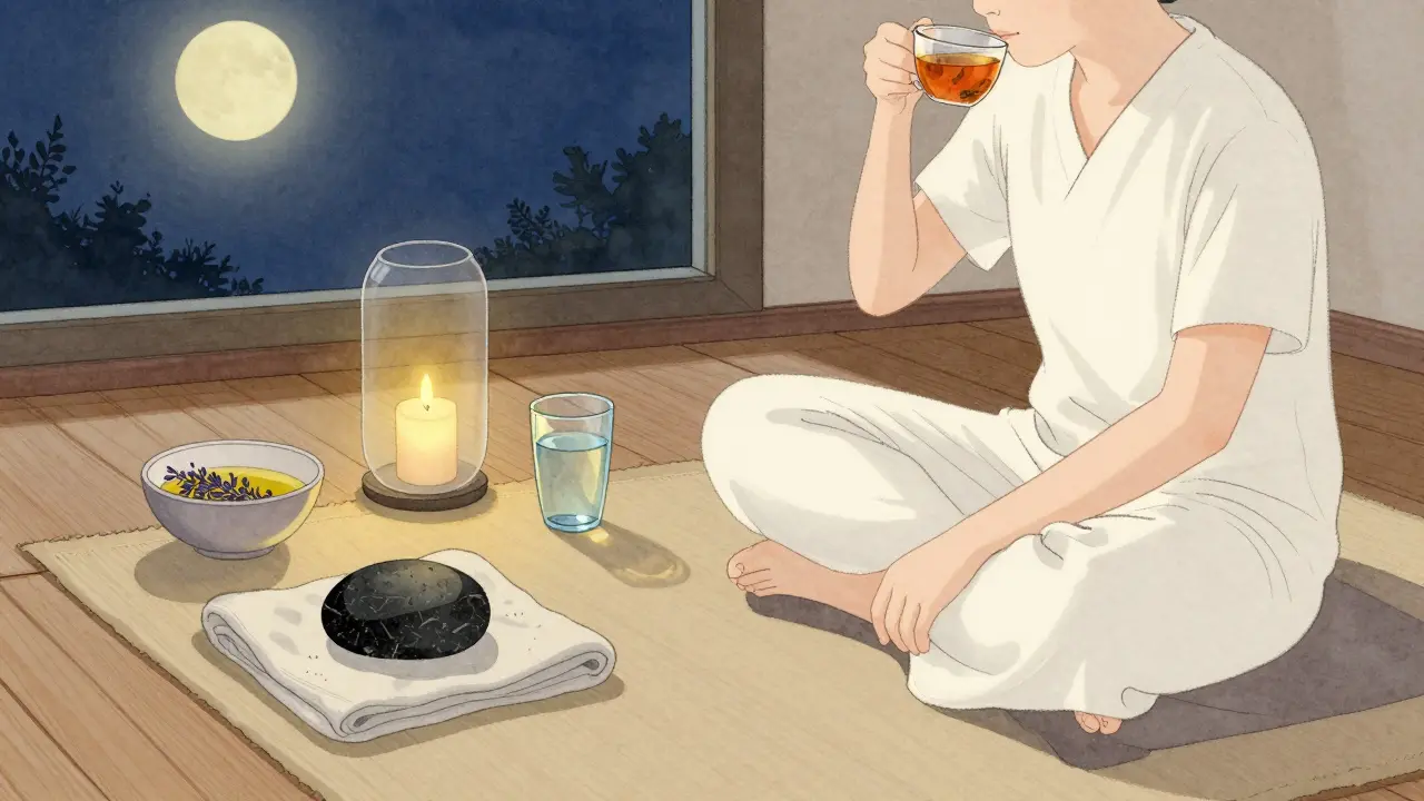 Večerní příprava na masáž lávovými kameny: člověk pije čaj a kámen leží na látkě při svíčkovém světle.
