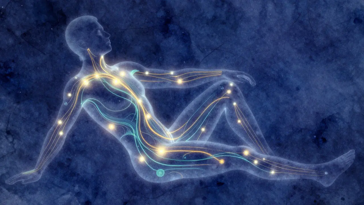 Abstraktní představa energetických meridiánů a proudu životní energie Qi v lidském těle.