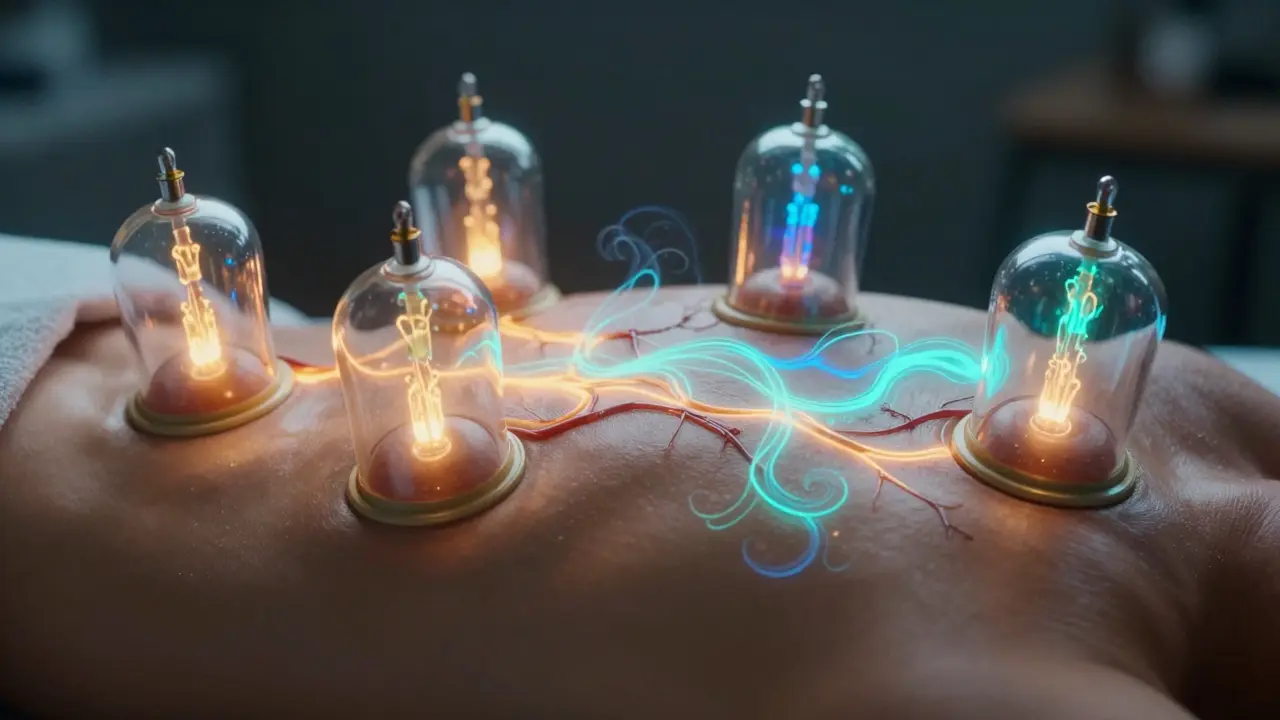 Abstraktní zobrazení prokrvení tkání a lymfatického systému při baňkování.