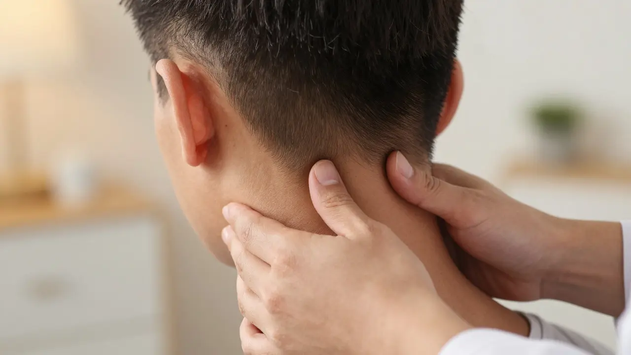 Detailní pohled na masáž základny lebky a svalů krku při antimigrenózní terapii.