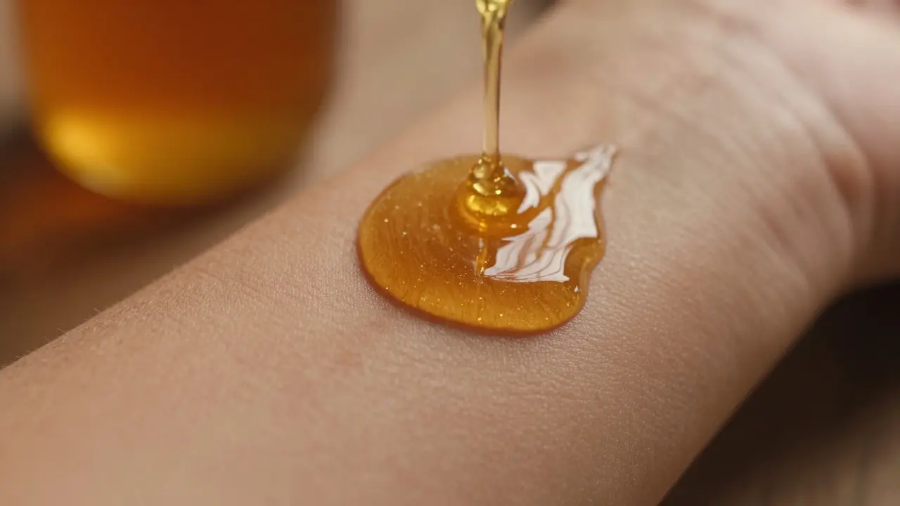 Detailní záběr na nanášení zlatavého medu na kůži předraky.