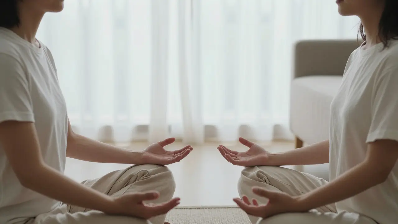 Dvojice v minimalistickém interiéru praktikující synchronizované dýchání tváří v tvář.