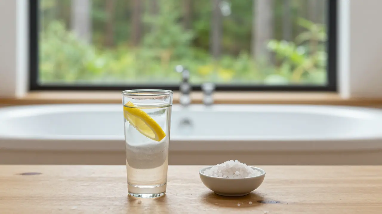 Klidné prostředí s glasses vody a solí, symbolizující digitální detox a relaxaci po masáži.