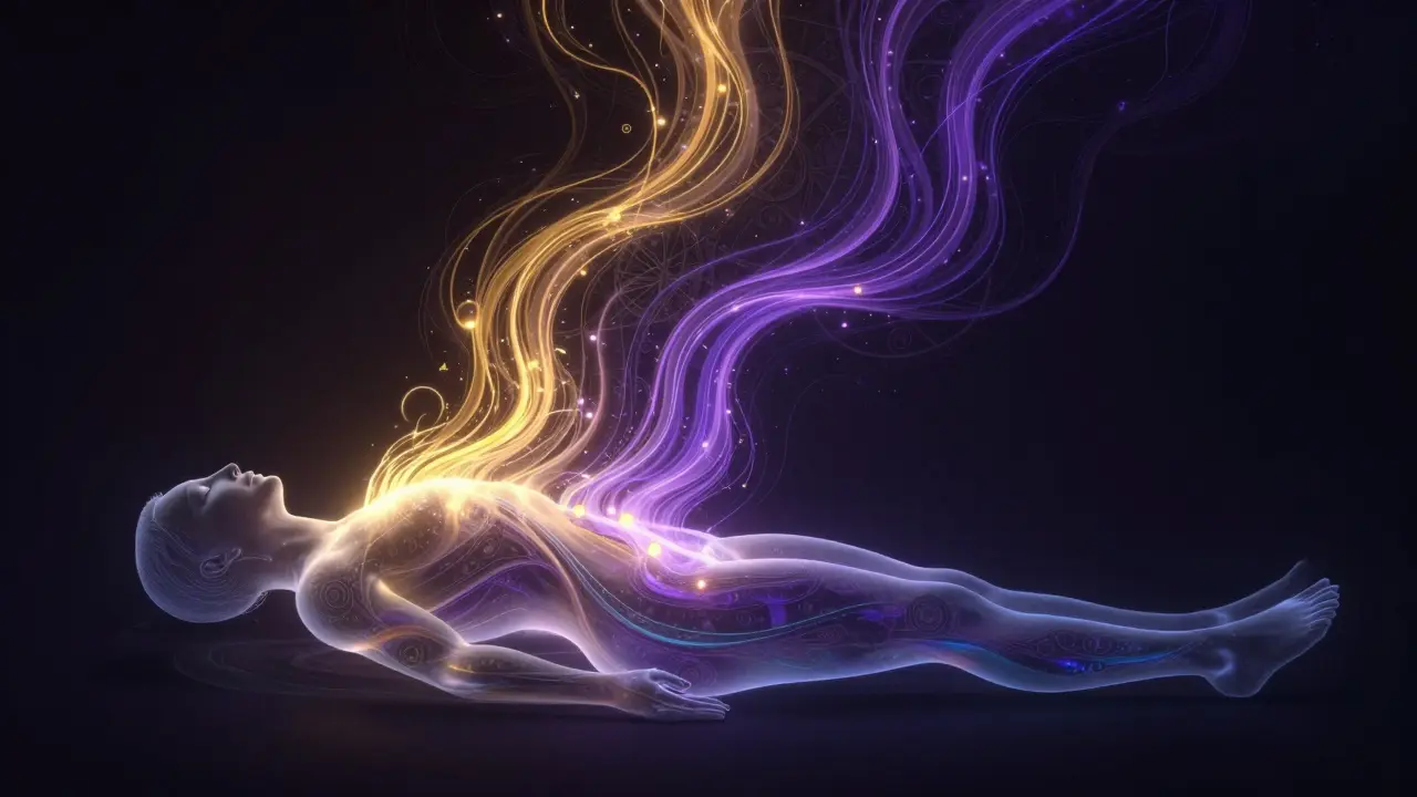Konceptuální zobrazení energetických toků a světelných vln v lidském těle během meditace.