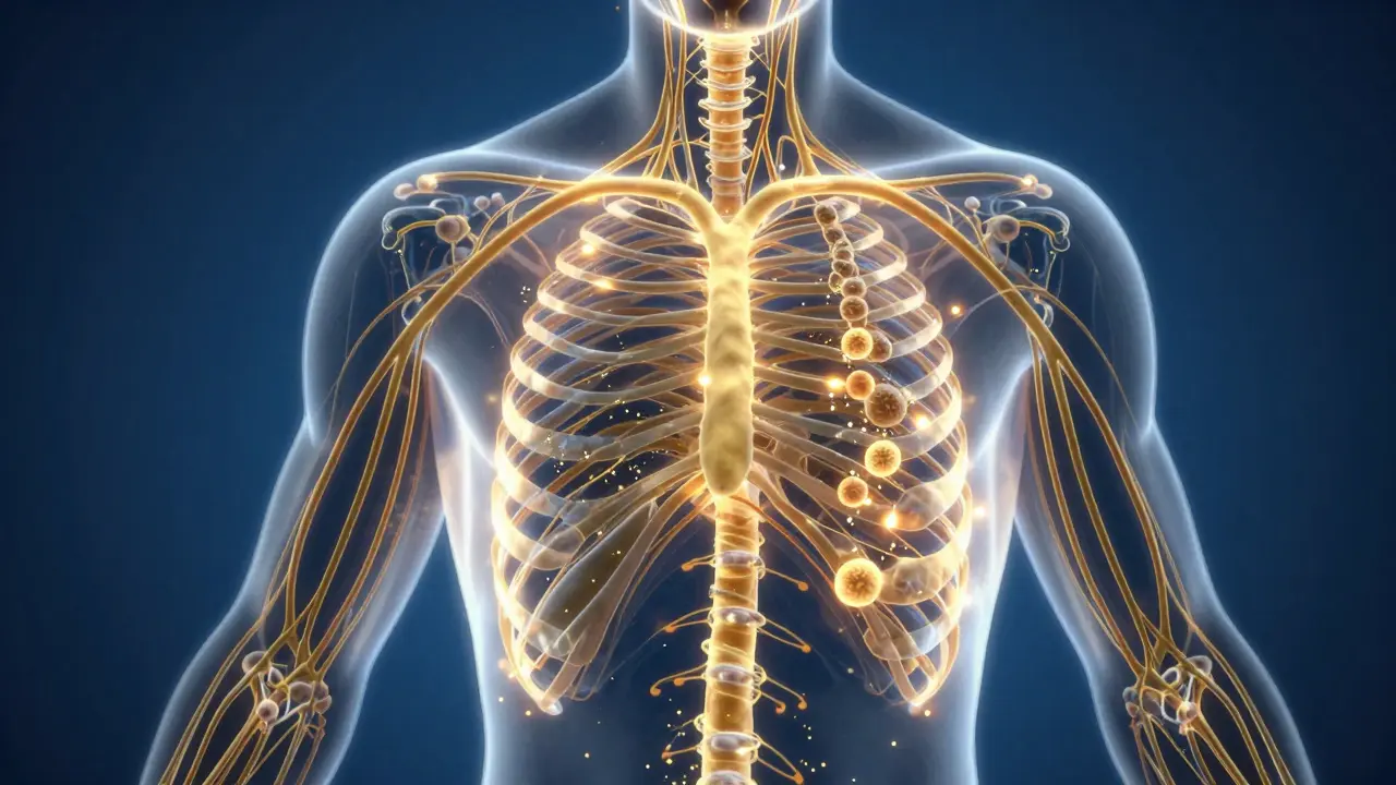 Konceptuální zobrazení proudící lymfy a imunitního systému v těle