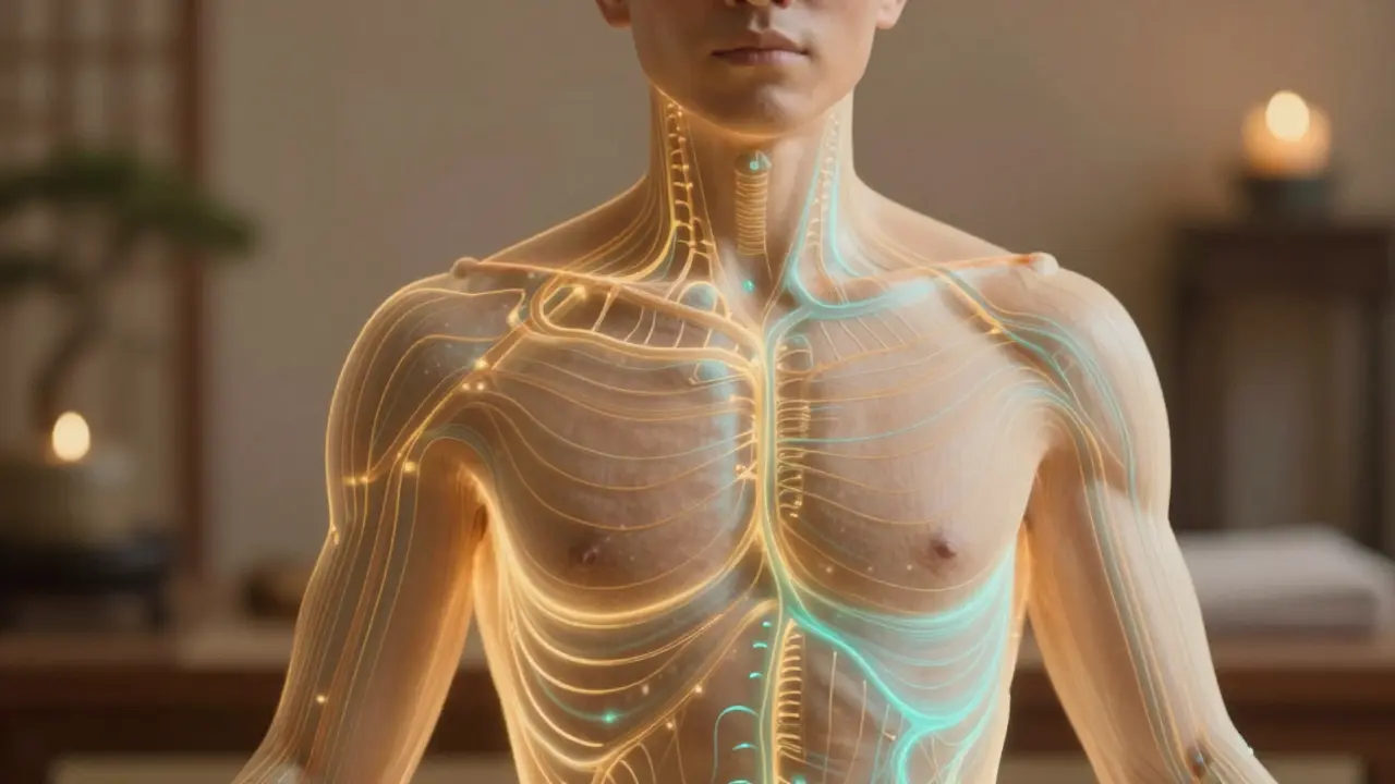 Konceptuální zobrazení proudící zlaté energie Qi po meridiánech lidského těla v hlubokém klidu.