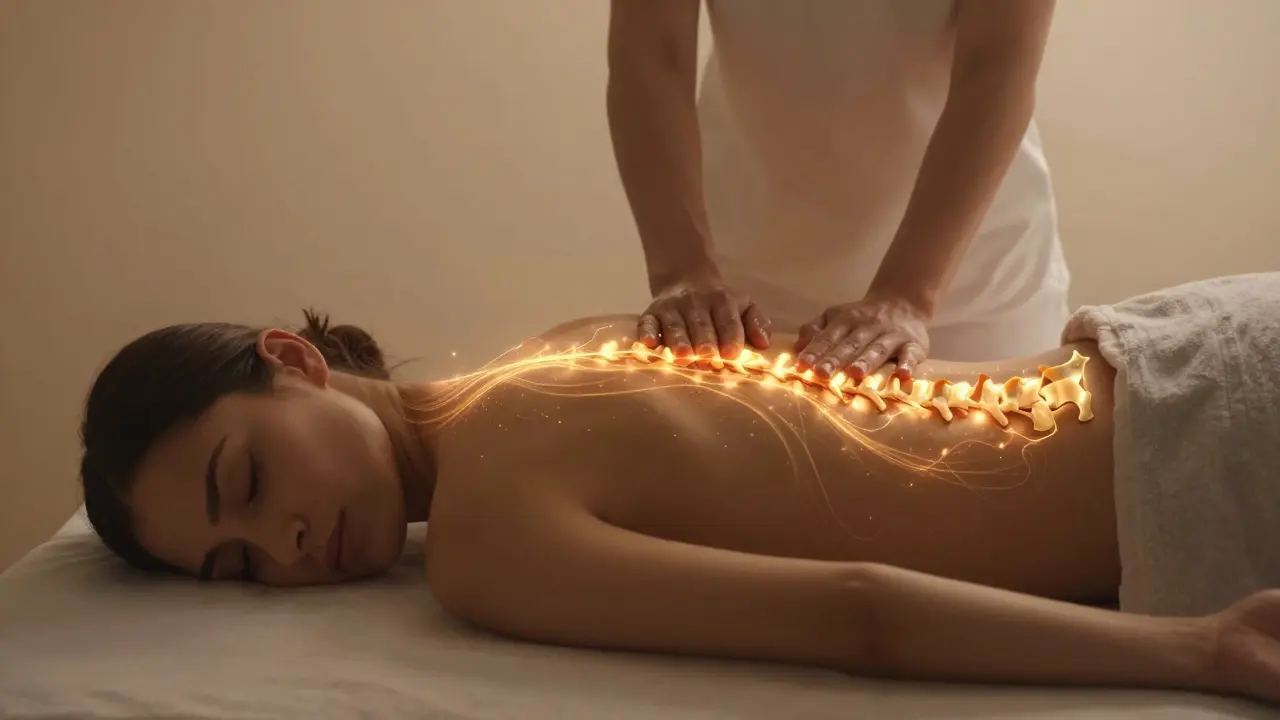 Konceptuální zobrazení regenerace páteře a vnitřních orgánů při Breussovy masáži.