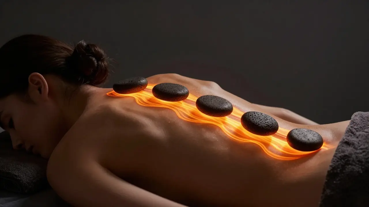 Konceptuální zobrazení tepla pronikajícího do svalů zad pomocí horkých kamenů.
