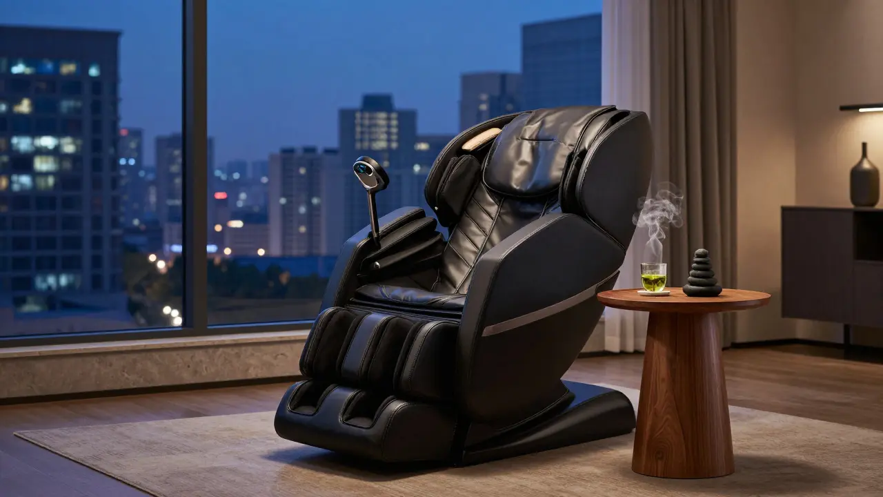 Moderní masážní křeslo Shiatsu v minimalistickém obývacím pokoji s výhledem na město.