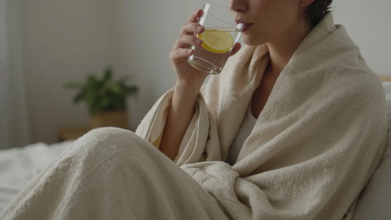Odpočívající osoba s čistou vodou s citronem zabalená v přikrývce.