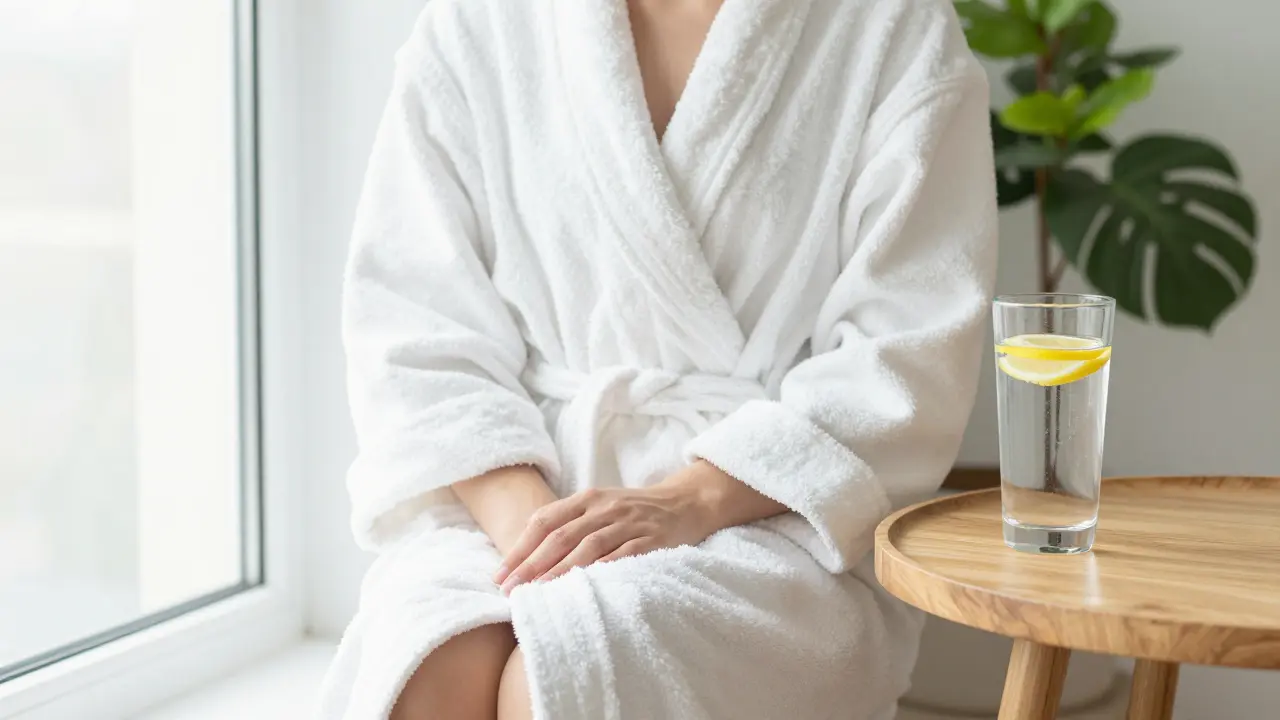 Odpočívající osoba v županu s glasses vody po masáži pro regeneraci