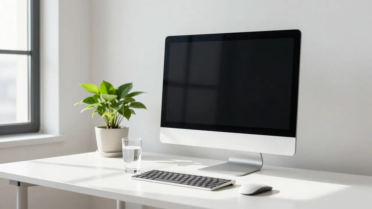 Pracovní stůl s monitorem ve výši očí a sklenicí vody prevence.