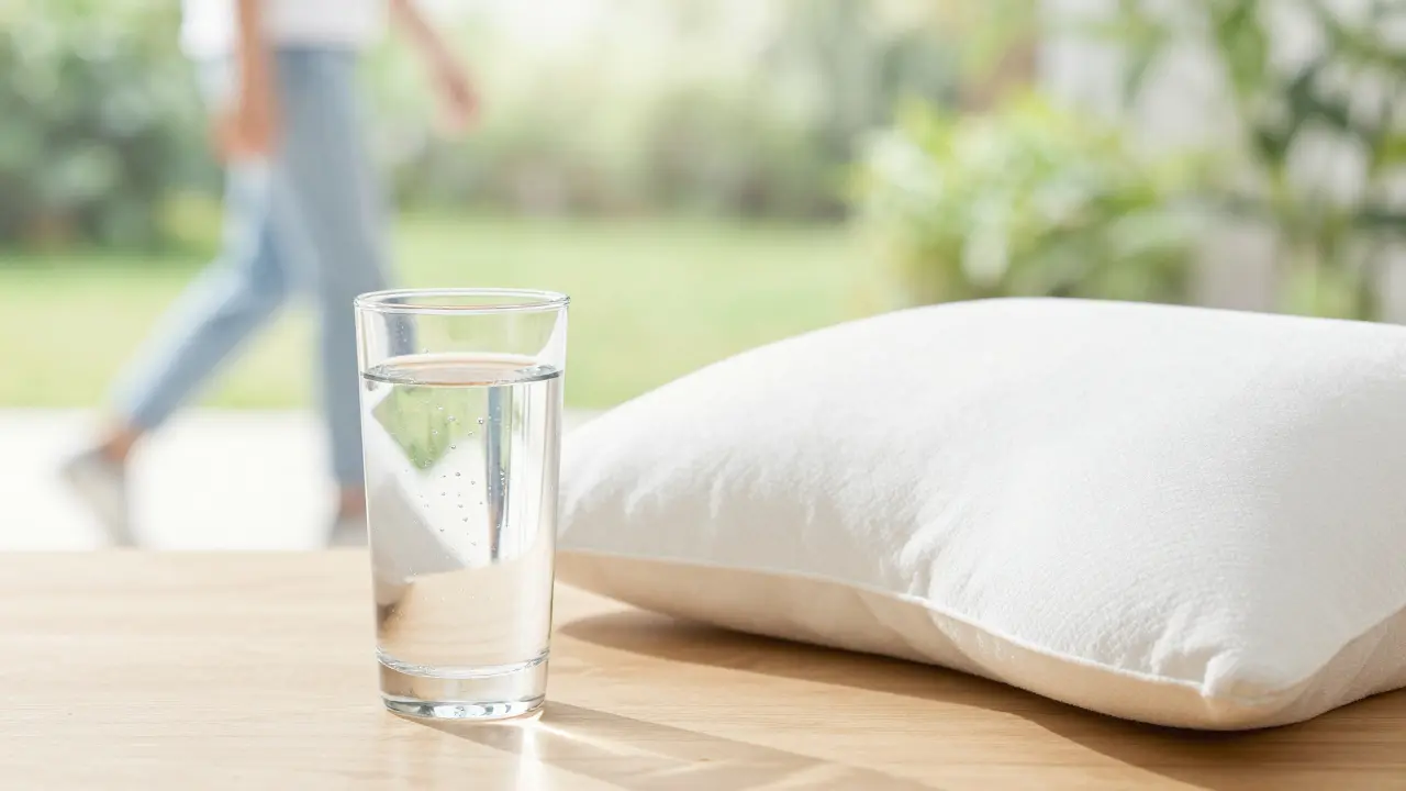 Sklenice vody a ergonomický polštář symbolizující regeneraci a úlevu po masáži.