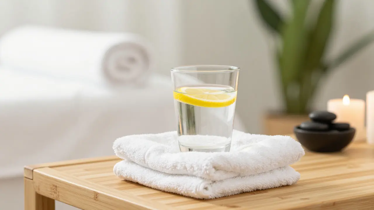 Sklenice vody a ručník v klidném prostředí wellness centra po masáži.