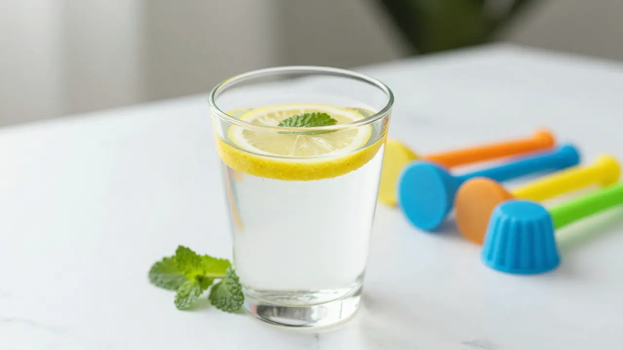 Sklenice vody s citronem a masážní baňky v pozadí.