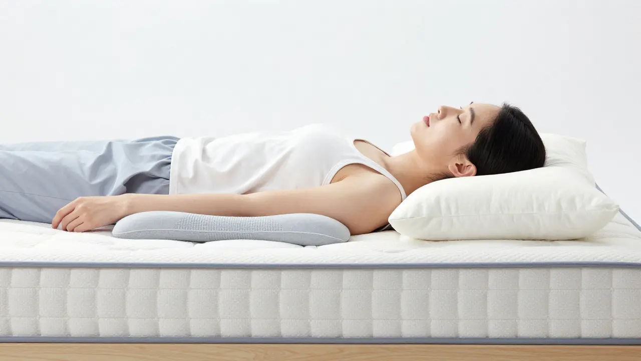 Správná poloha spánku na boku s polštářem mezi koleny pro podporu páteře.