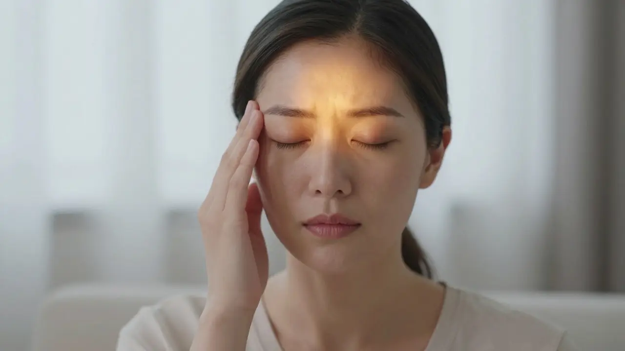 Žena v klidu s jemným světlem na chrámech symbolizujícím úlevu.