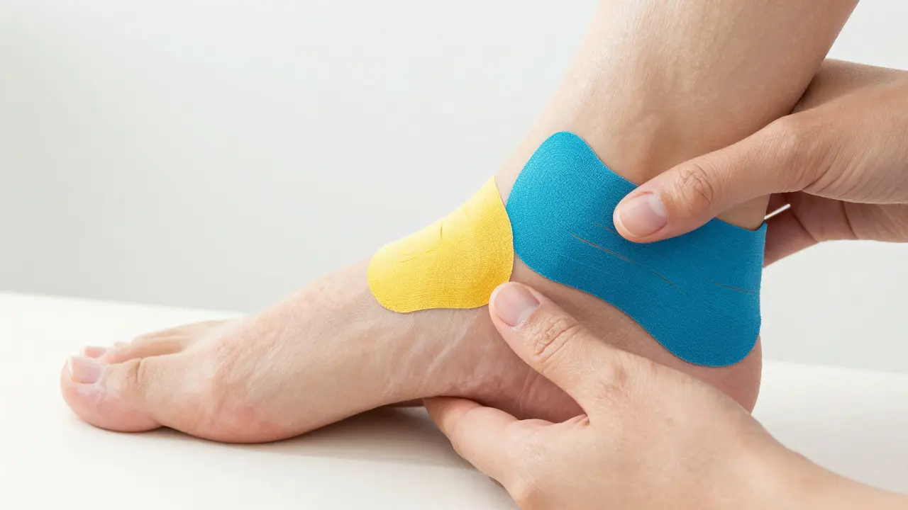 Aplikace barevné kinesiotape na chodidlo pro podporu klenby