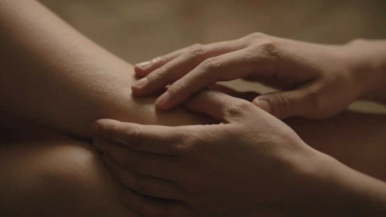 Detail ruky jemně hladící paži partnera v intimním prostředí.