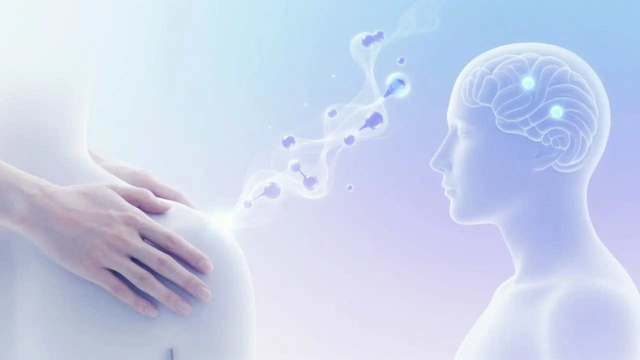 Abstraktní ilustrace spojení masáže a vůní pro relaxaci mysli