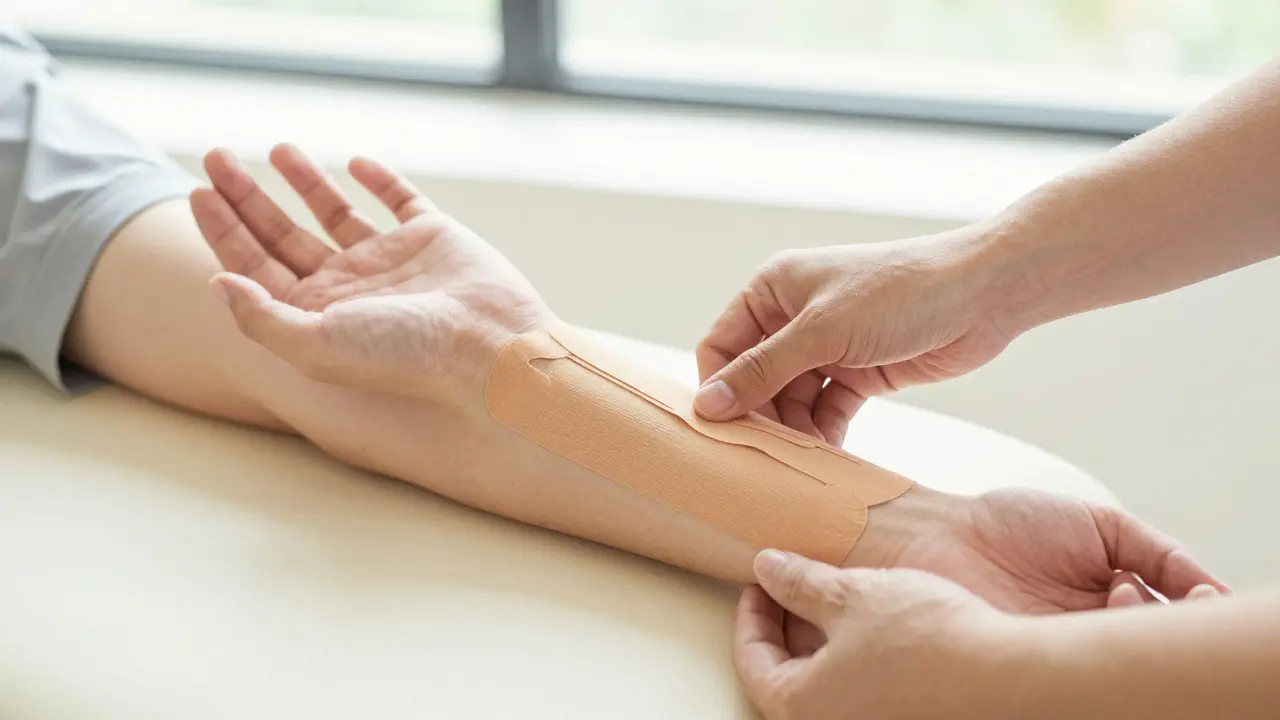 Fyzioterapeut aplikuje kinesiotape na předloktí pacienta pro podporu šlach