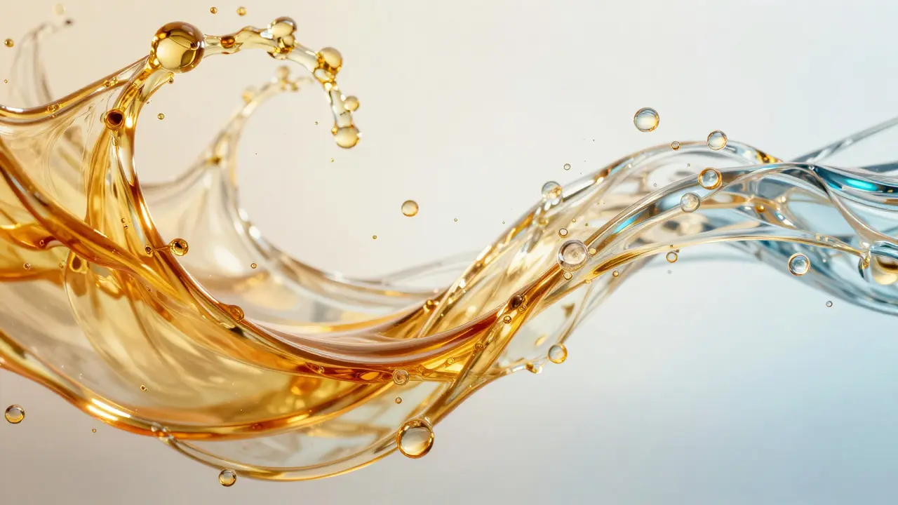 Abstraktní vizualizace toku medu a vody symbolizující detoxikaci