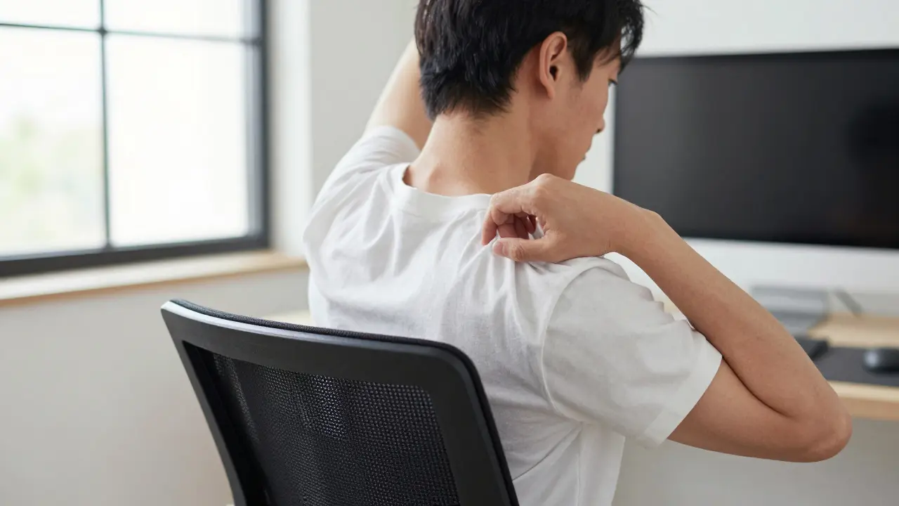 Člověk protahuje záda na ergonomické židli v domovním kanceláři