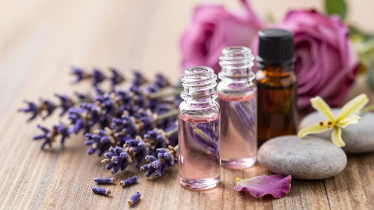 Eterické oleje z levandule a růže vedle sušených květů pro aromaterapii