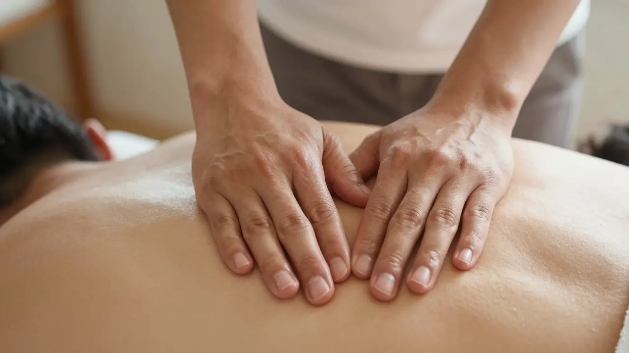 Záběr na ruce terapeuta provádějící masáž Tui Na na zádech