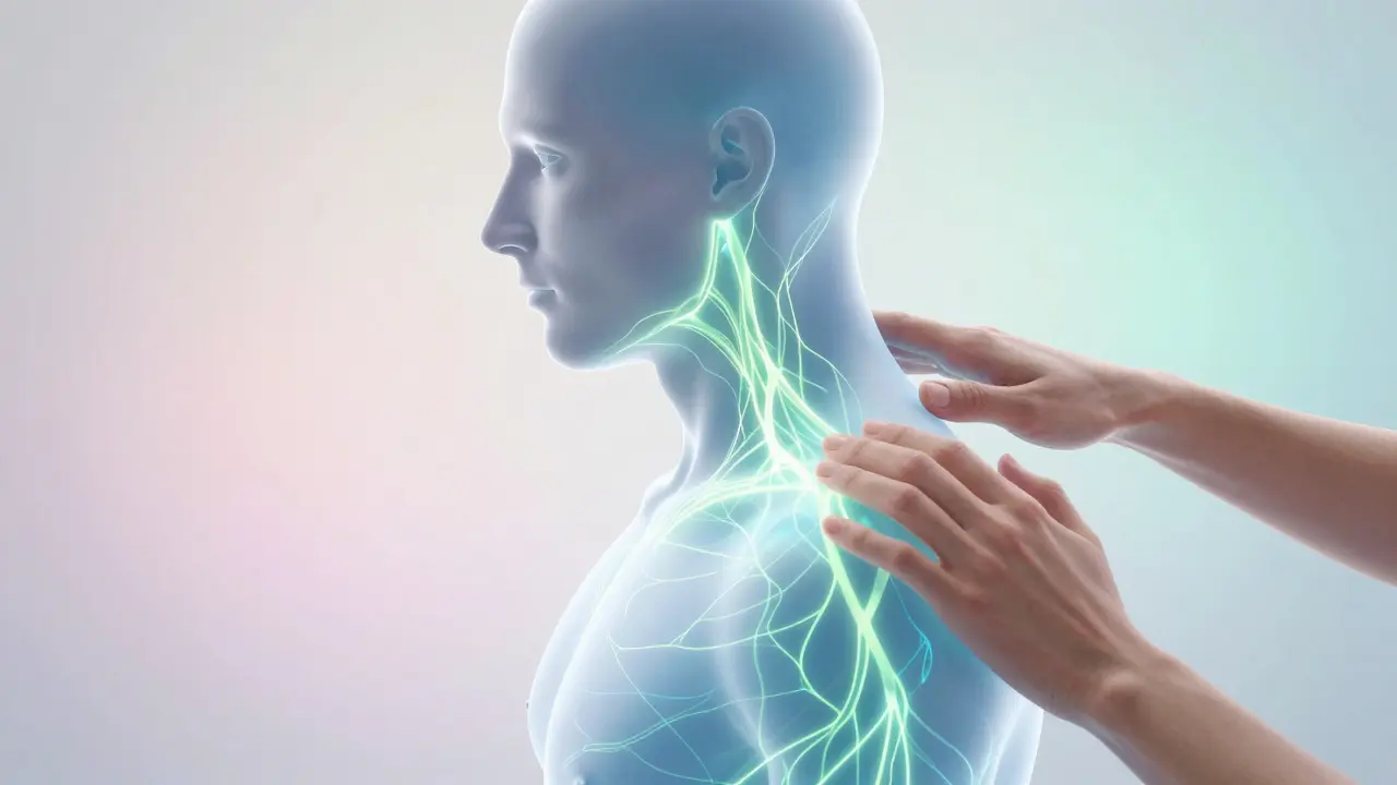 Ilustrace nervového systému přecházejícího do stavu relaxace při masáži