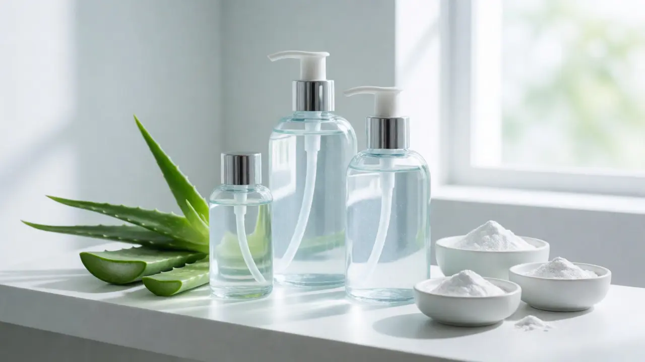 Minimalistické uspořádání pleťových gelů, aloe vera a jílu v koupelně