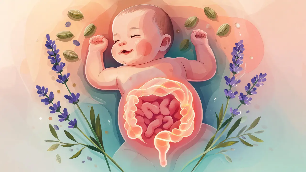 Ilustrace klidného trávení a peristaltiky u spokojeného miminka