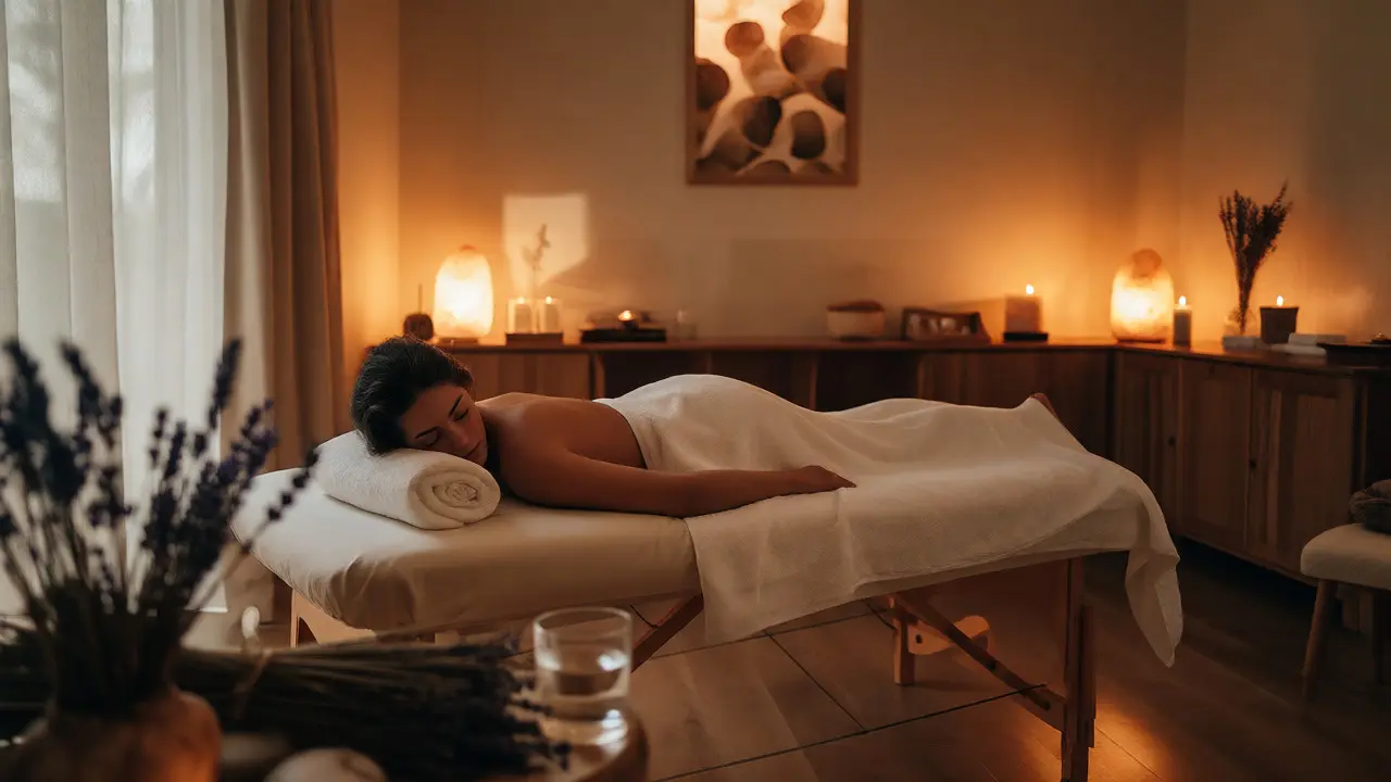 Klidná masážní místnost s osobou v hluboké relaxaci