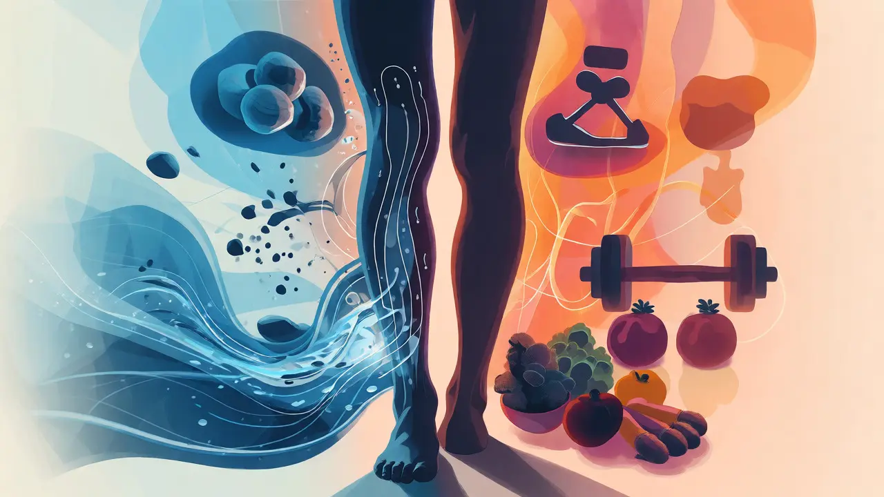 Konceptuální ilustrace kombinující lymfodrenáž, posilování a zdravou stravu