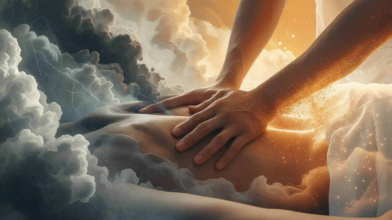 Konceptuální ilustrace přechodu ze stresu do relaxace při masáži